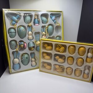 Vintage Wooden Easter Ornaments Set 2 Boxes Bunnies Chicks Ducks EggsPastel Deco